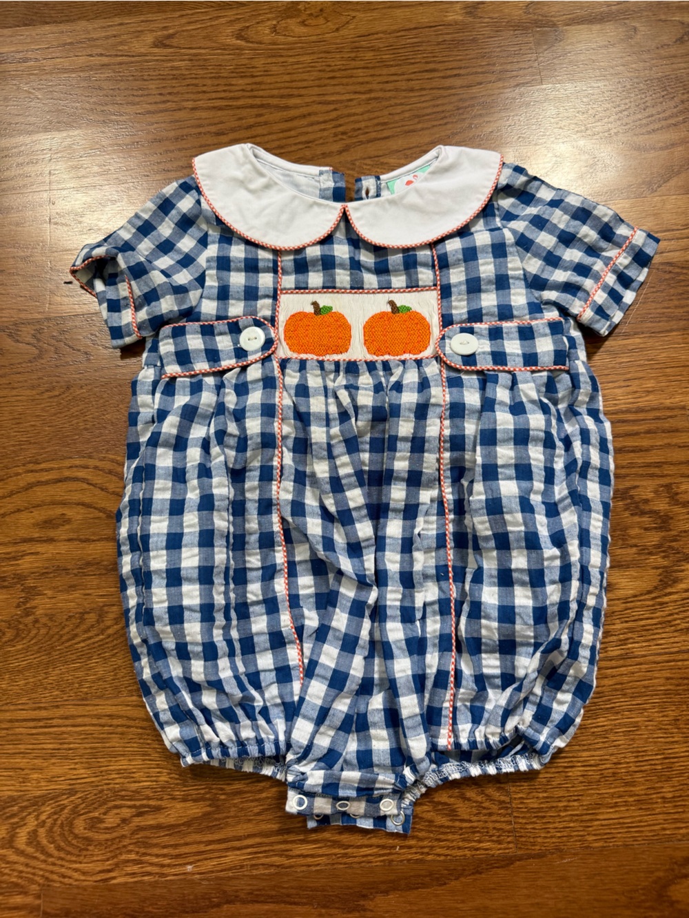 Blue Gingham Pumpkin Smocked One-Piece